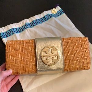 Tory Burch Rattan Gold Buckle Clutch